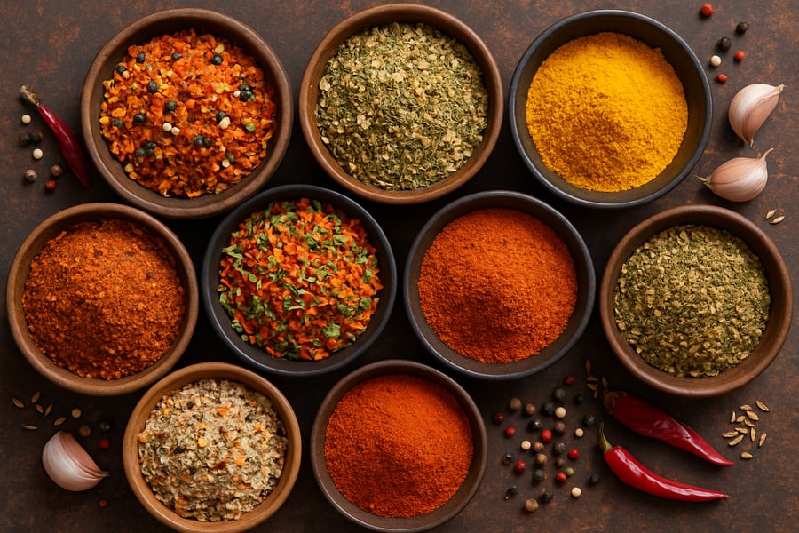 Assorted handcrafted seasoning blends and spices for cooking and BBQ