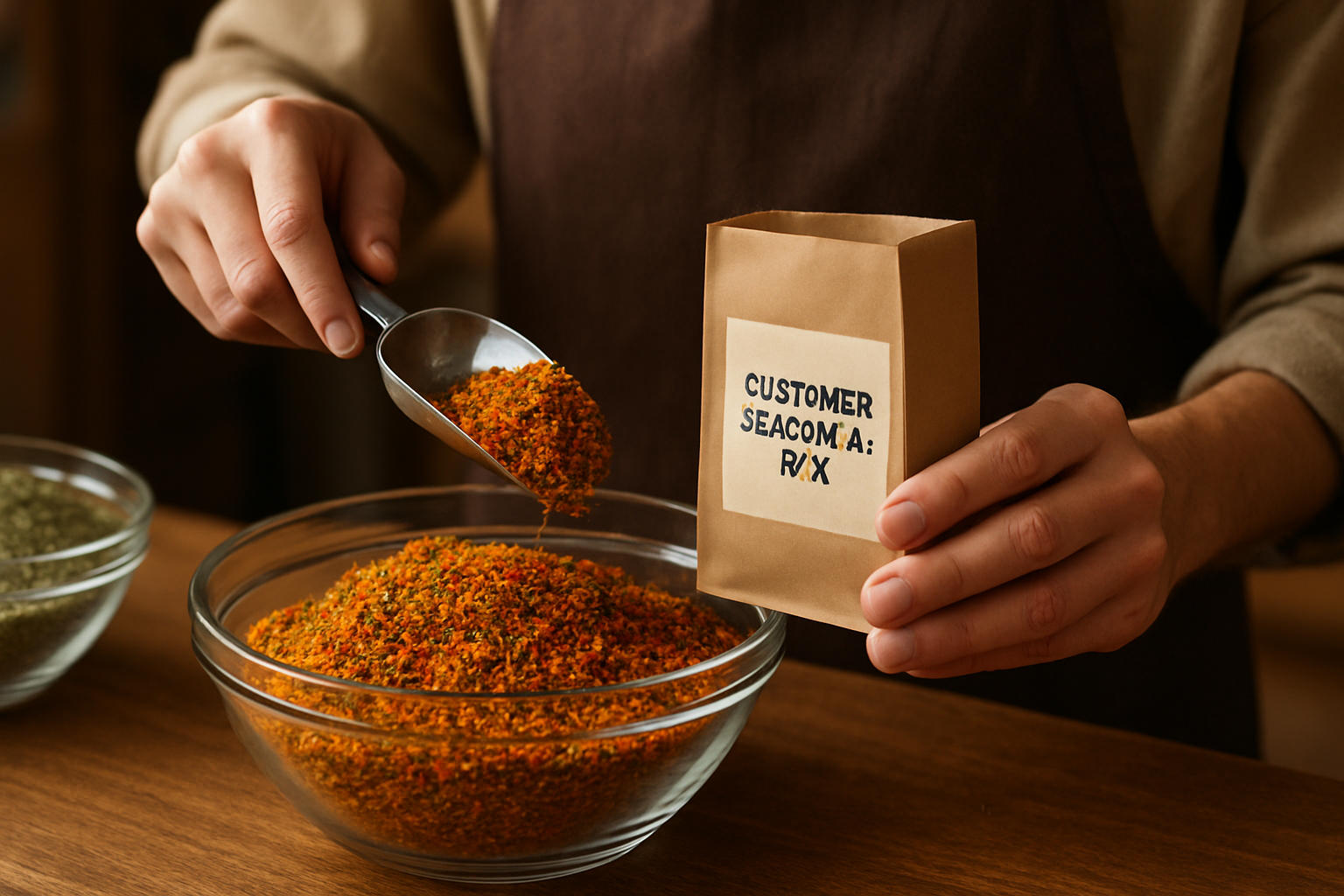 Custom seasoning mix being prepared for a customer.